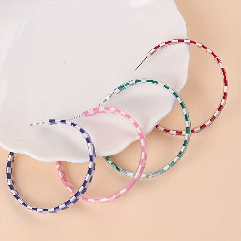 Women's Large Acrylic Checkerboard C-Shaped Hoop Earrings